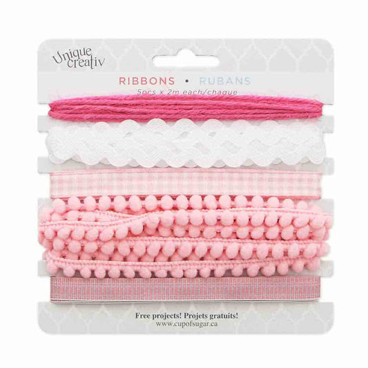 UNIQUE CREATIV Trim Pack – Pink & White (5×2 m Assorted Ribbons & Trims)