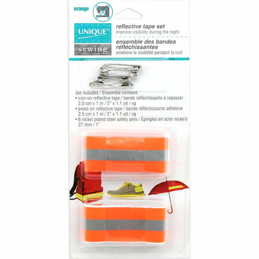 UNIQUE SEWING Reflective Tape Set — Orange/Grey, Iron‑On & Press‑On, 2.5 cm × 1 m each
