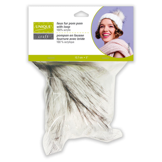 UNIQUE CRAFT Faux Fur Pom Pom — 5" — White w/ Black Tip