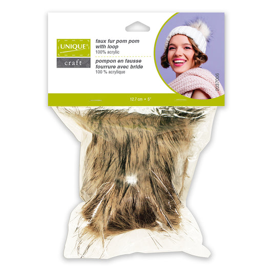 UNIQUE CRAFT Faux‑Fur Pom‑Pom – Brown with Black Tip, 5″ (with Loop)
