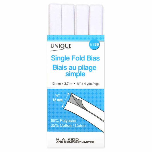UNIQUE Single Fold Bias Tape – 13 mm x 3.7 m (1/2 in x 4.0 yd) – White