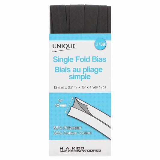 UNIQUE Single Fold Bias Tape 13mm x 3.7m - Dark Grey