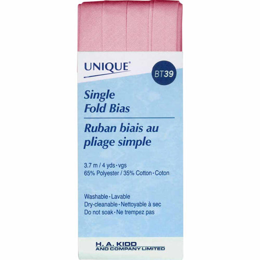 UNIQUE Single Fold Bias Tape – 13 mm x 3.7 m (1/2 in x 4.0 yd) – Petal Pink