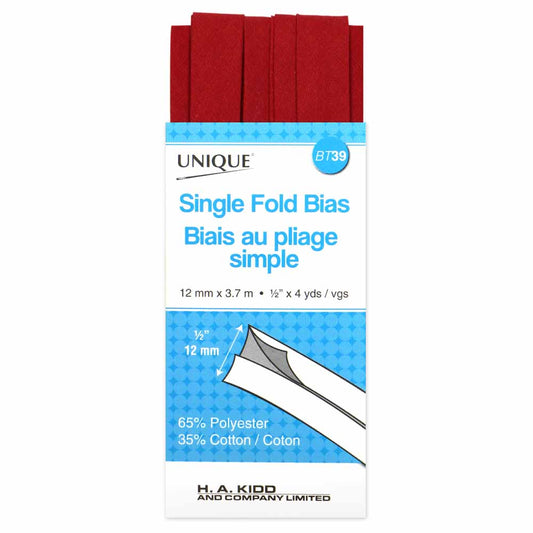 UNIQUE Single Fold Bias Tape - 13 mm x 3.7 m (1/2" x 4 yd) - Scarlet