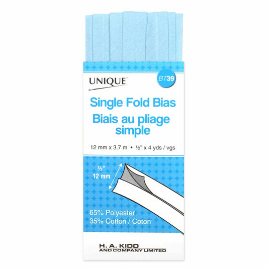 UNIQUE Single Fold Bias Tape - 13 mm x 3.7 m (1/2" x 4 yd) - Light Blue