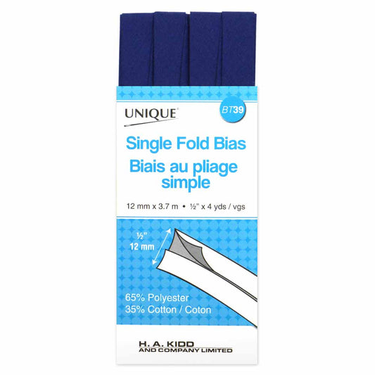 UNIQUE Single Fold Bias Tape - 13 mm x 3.7 m (1/2" x 4 yd) - Royal Blue