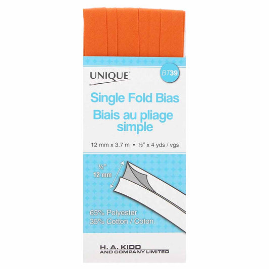 UNIQUE Single Fold Bias Tape 13mm x 3.7m - Orange