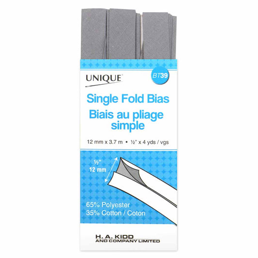 UNIQUE Single Fold Bias Tape - 13 mm x 3.7 m (1/2" x 4 yd) - Silver