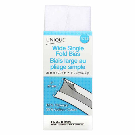 UNIQUE Wide Single Fold Bias Tape 25 mm x 2.75 m – White