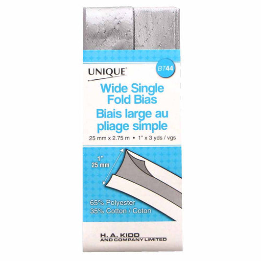 UNIQUE Wide Single Fold Bias Tape 25mm x 2.75m - Metallic Silver