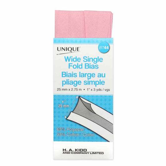 UNIQUE Wide Single Fold Bias Tape - 25 mm x 2.75 m (1" x 3 yd) - Light Pink