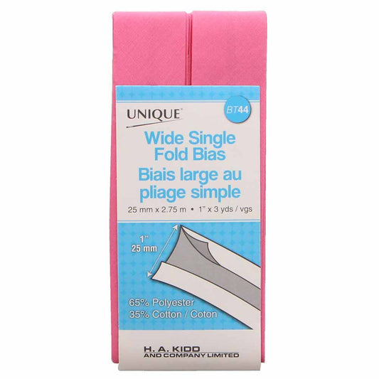UNIQUE Wide Single Fold Bias Tape - 25 mm x 2.75 m (1" x 3 yd) - Petal Pink