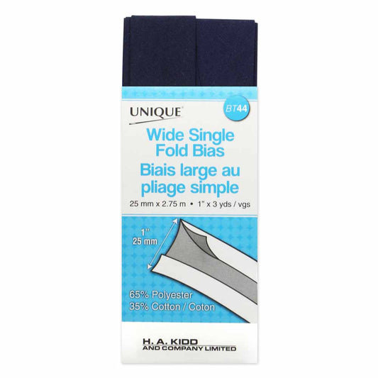 UNIQUE Wide Single Fold Bias Tape – 25mm x 2.75m – Navy Blue