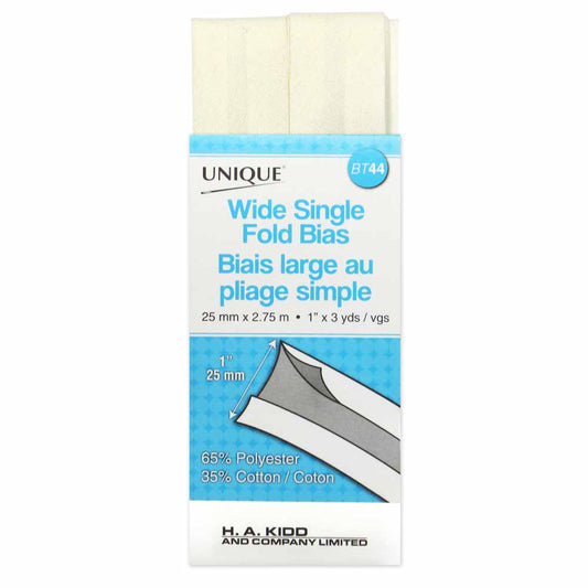 UNIQUE Wide Single Fold Bias Tape - 25 mm x 2.75 m (1" x 3 yd) - Ivory