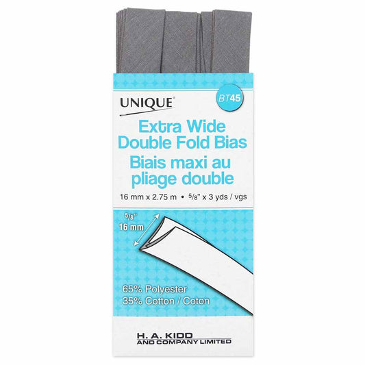UNIQUE Extra Wide Double Fold Bias Tape - 15 mm × 2.75 m (5/8" × 3 yd) - Silver