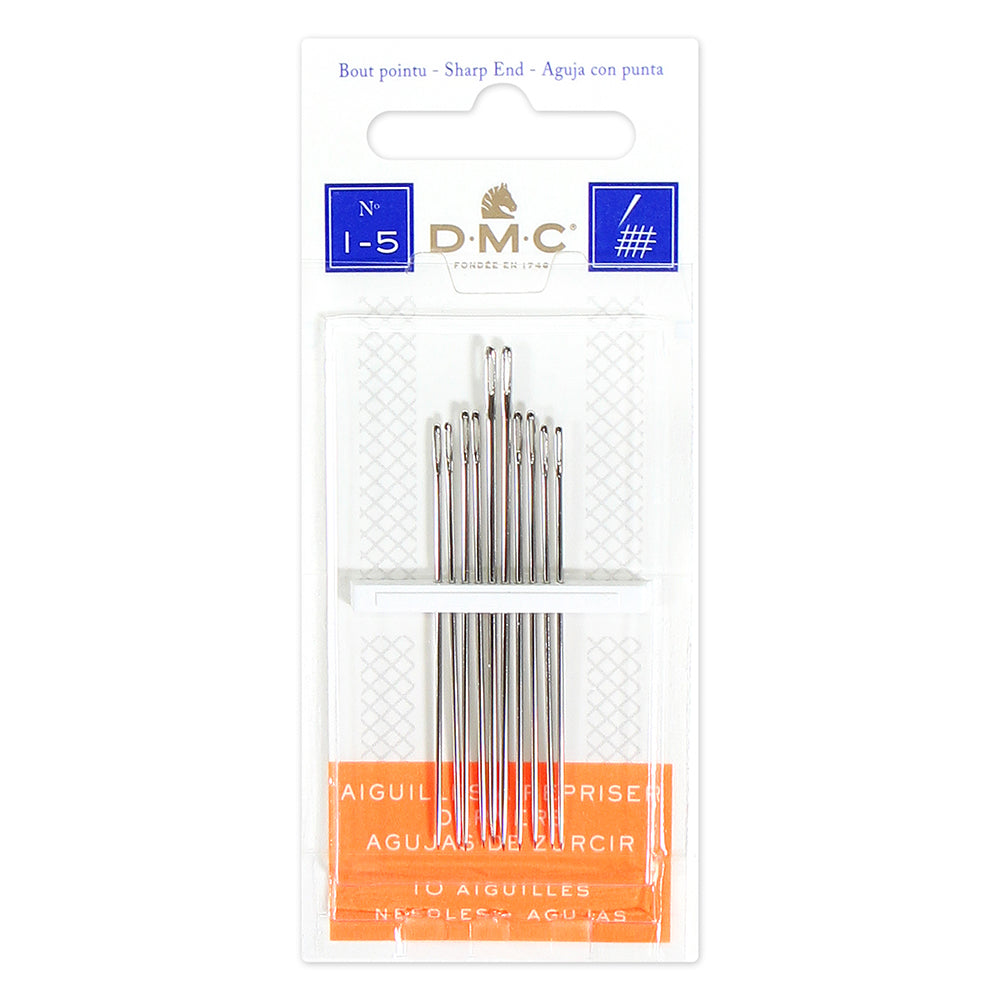 DMC Darning Needles Long Sharp Point Sizes 1–5 Nickel-Plated Steel 10 Pack