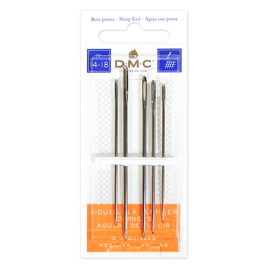 DMC Darning Needles Long Sharp Point Sizes 14–18 Nickel-Plated Steel 5 Pack