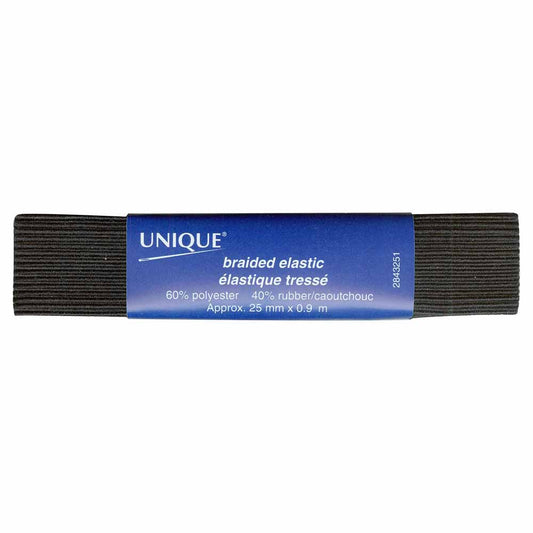 UNIQUE Braided Elastic – 25mm × 0.9m (1" × 0.98 yd) – Black