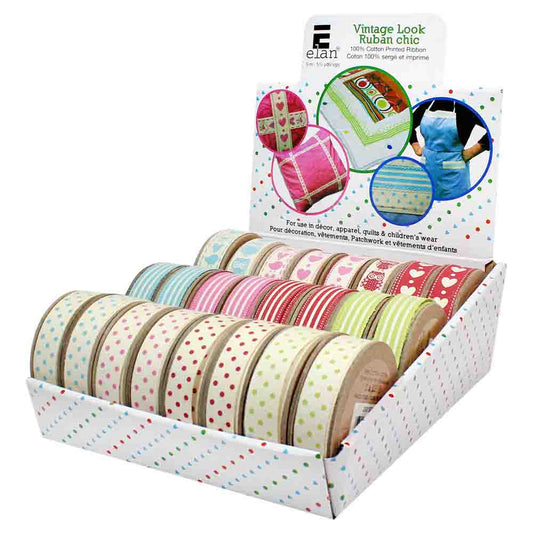 ELAN Vintage Look Cotton Ribbon – Countertop Displayer – 24 Spools