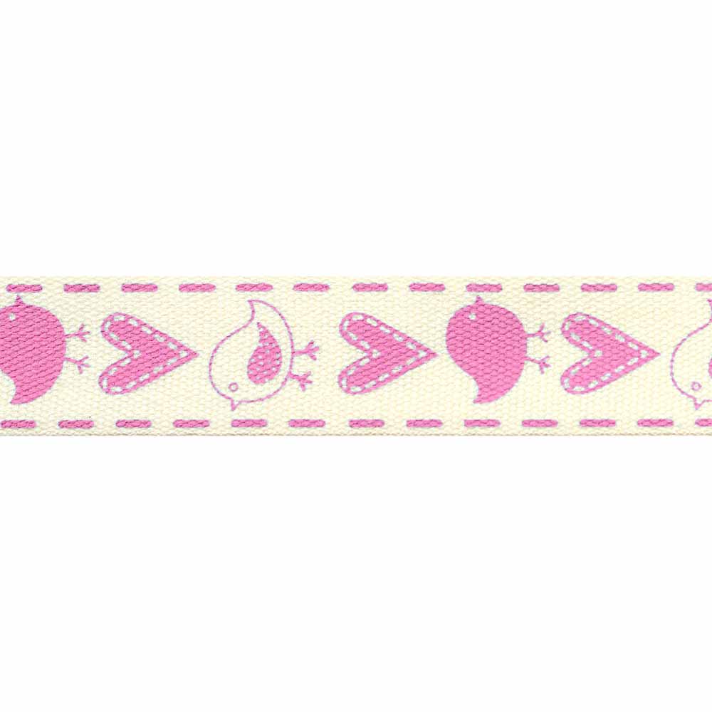 ELAN Cotton Trim 15mm x 5m - Pink Hearts & Birds