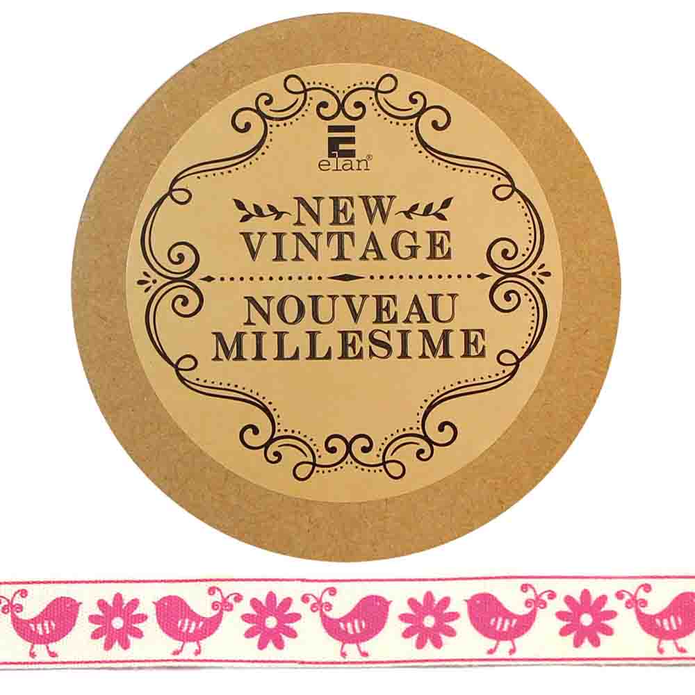 ELAN Cotton Ribbon - Birds & Flowers - 15mm x 5m - Pink