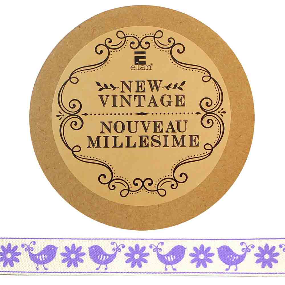 ELAN Cotton Ribbon - Birds & Flowers - 15mm x 5m - Lavender