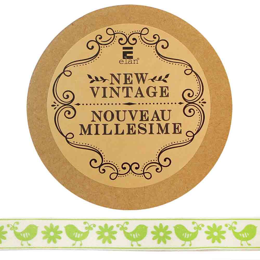 ELAN Cotton Ribbon - Birds & Flowers - 15mm x 5m - Lime