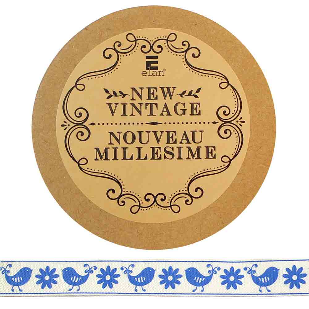 ELAN Cotton Ribbon - Birds & Flowers - 15mm x 5m - Light Blue