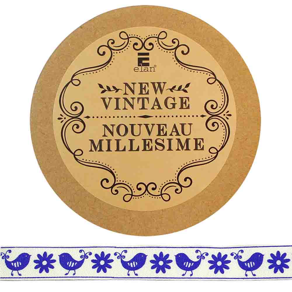 ELAN Cotton Ribbon - Birds & Flowers - 15mm x 5m (5/8" x 5 1/2") - Marine Blue