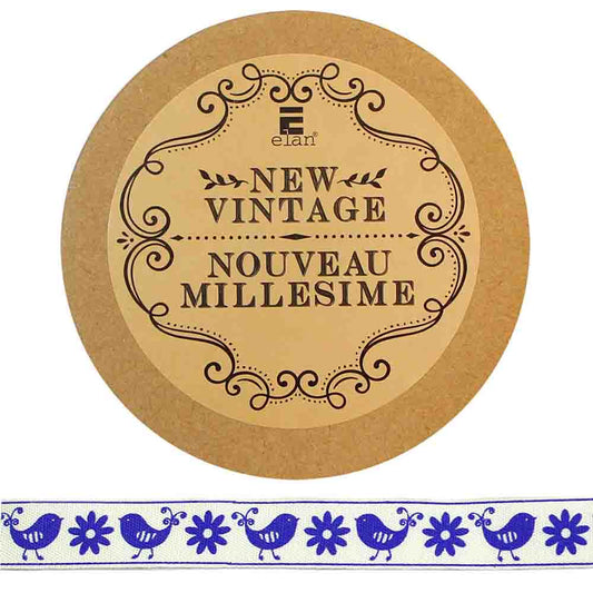 ELAN Cotton Ribbon - Birds & Flowers - 15mm x 5m (5/8" x 5 1/2") - Marine Blue