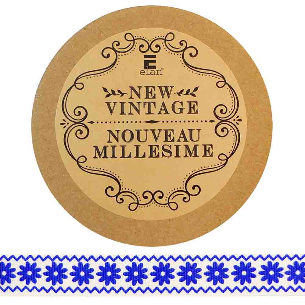 ELAN Cotton Ribbon - Daisies & Zigzags - 15mm x 5m (5/8" x 5 1/2") - Marine Blue