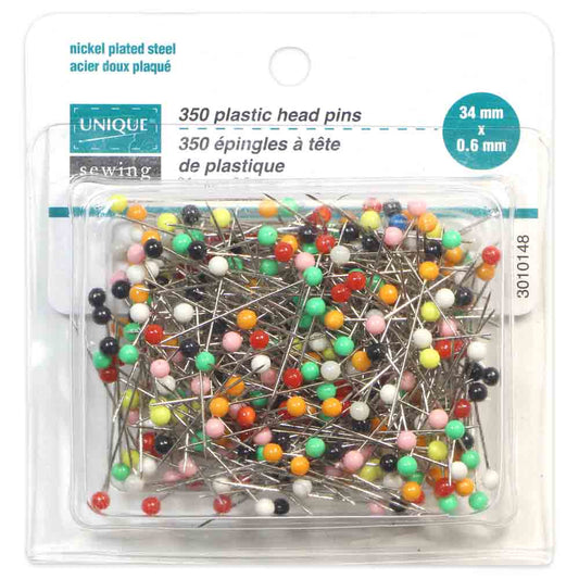 UNIQUE SEWING Plastic Head Pins – Assorted Colours – 350 pcs – 34mm (1 15/16")