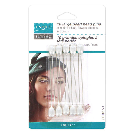 UNIQUE Pearl Head Hat Pins – 64 mm (2 1/2 in) – White – 10 Pack