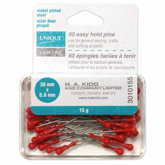UNIQUE SEWING 60 Easy Hold Pins – Red – 60 pcs – 38mm (1 1/2")