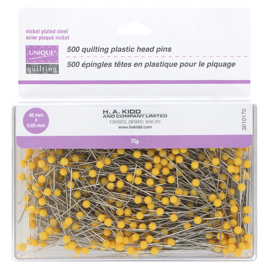 UNIQUE QUILTING Plastic‑Head Quilting Pins — 45 mm × 0.65 mm, Box of 500