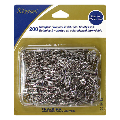 KLASSE Nickel Plated Steel Safety Pins 27 mm Size 1 200 Pack