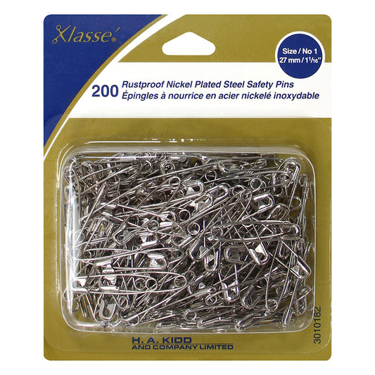 KLASSE Nickel Plated Steel Safety Pins 27 mm Size 1 200 Pack