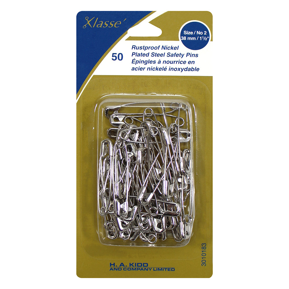 KLASSE Nickel Plated Steel Safety Pins 38 mm Size 2 50 Pack