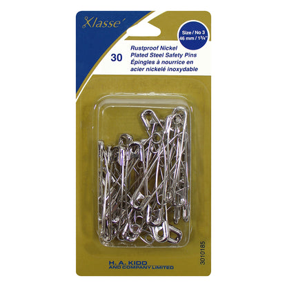 KLASSE Nickel Plated Steel Safety Pins 46 mm Size 3 30 Pack