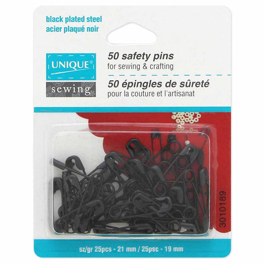 UNIQUE SEWING Black‑Plated Steel Safety Pins – Assorted Sizes – 50 pcs