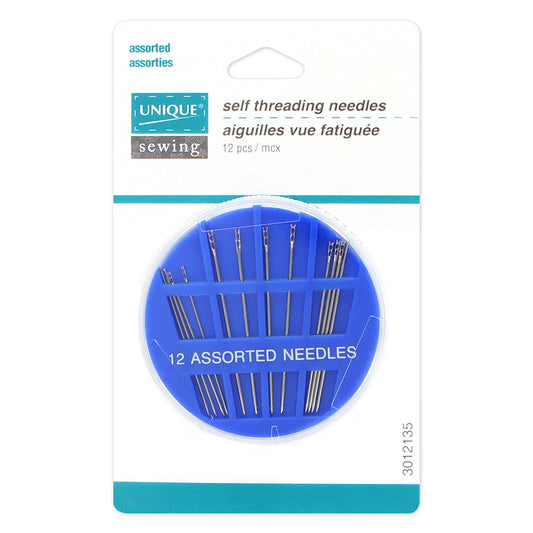 UNIQUE SEWING Self‑Threading Needles — Assorted Sizes 4–8, 12 Pack
