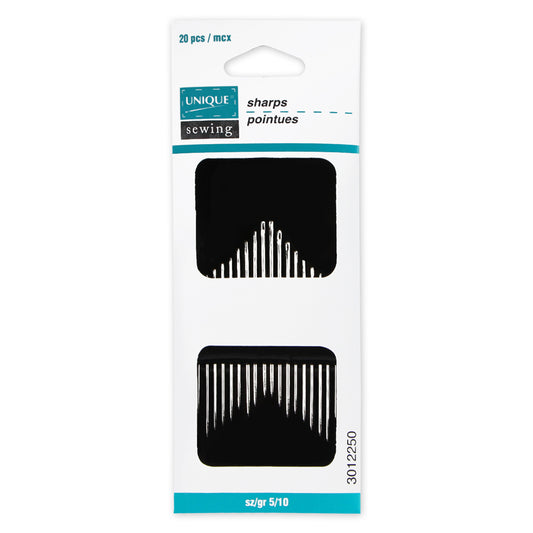 UNIQUE SEWING Sharps Hand Sewing Needles — Assorted Sizes 5–10, 20 Pack
