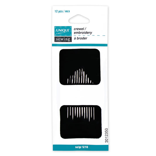 UNIQUE SEWING Crewel/Embroidery Needles — Assorted Sizes 5–10, 12 Pack