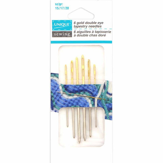 UNIQUE SEWING Gold‑Plated Double‑Eye Tapestry Needles – Assorted Sizes, 6 pcs