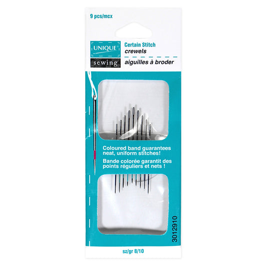UNIQUE SEWING Certain Stitch Crewel Needles – sizes 8–10 – 9 pcs