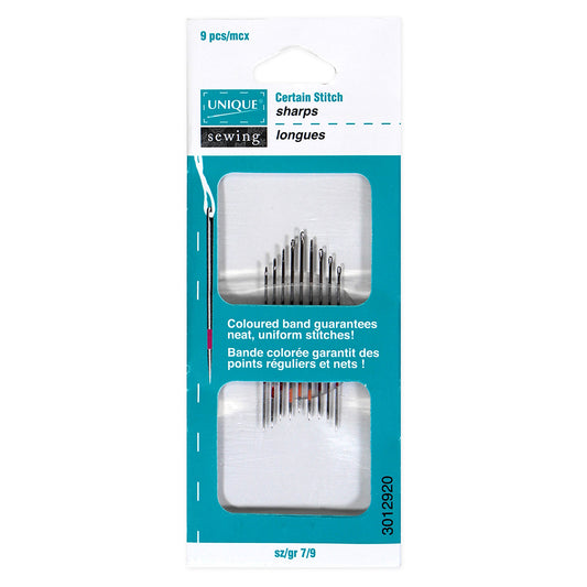 UNIQUE SEWING Certain Stitch Sharps Needles – sizes 7–9 – 9 pcs