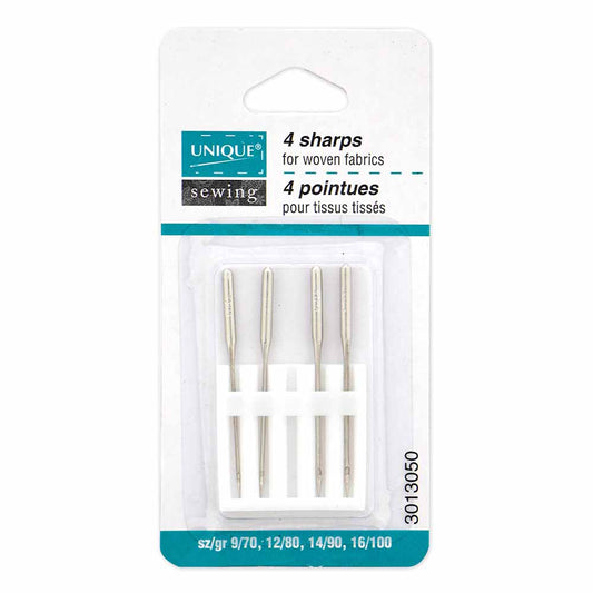 UNIQUE SEWING Sharps Sewing Machine Needles, Assorted 70/10–100/16 — 4 Pack