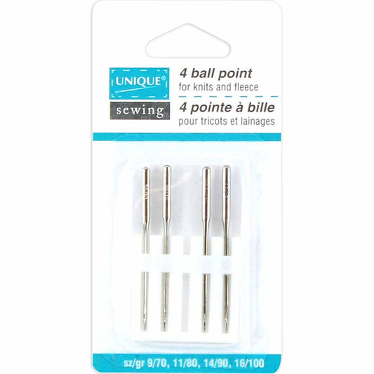 UNIQUE SEWING Ball Point Sewing Machine Needles, Assorted 70/9–100/16 — 4 Pack