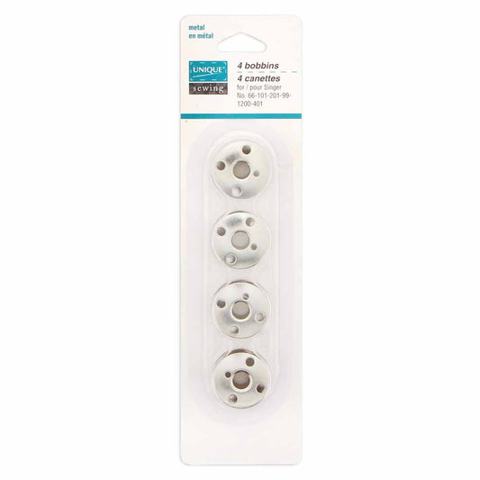 UNIQUE SEWING 4‑Hole Metal Bobbins for Singer – 4 pcs