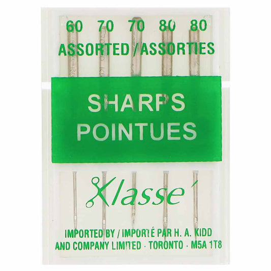 KLASSE Sharps Sewing Machine Needles Assorted 60/8, 70/10, 80/12 5-Pack
